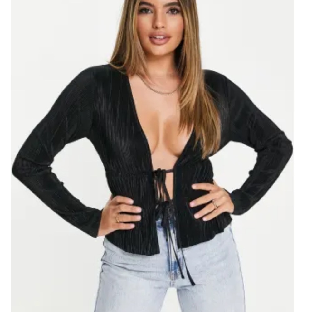 ASOS plunge neck front tie long sleeve top S